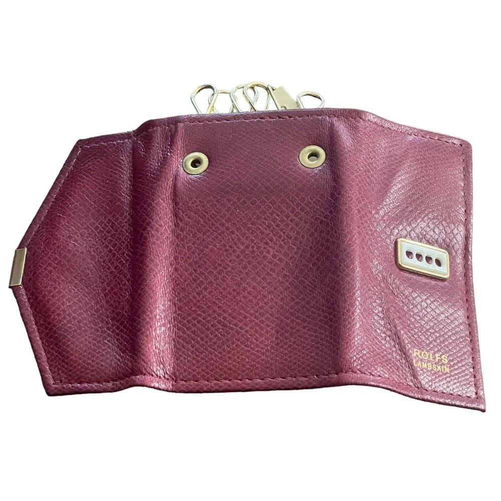 Rolfs Trifold Press Lock Key Kaddy Holder Case Burgundy Gold Lambskin Vintage - Picture 4 of 9